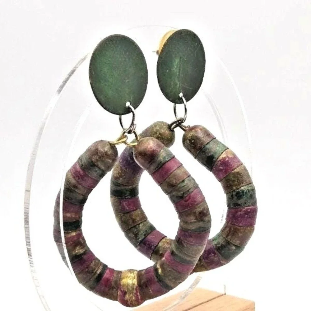 Vintage 80s Multicolor Distressed‎ Painted Paper Bead Necklace and Earring Set